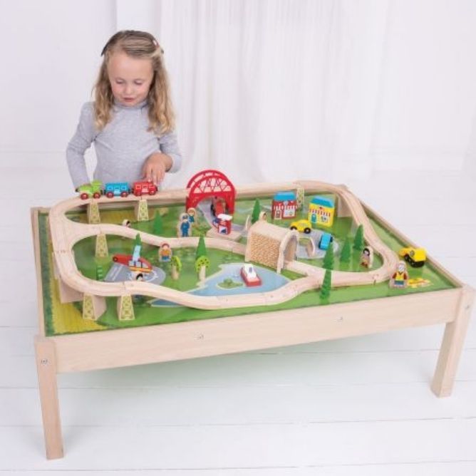 BigJigs Services Train Set and Table, The Services Train Set and Table is an all-in-one play station designed to captivate young minds and encourage imaginative play. Made from high-quality, responsibly sourced materials, this wooden train set and table combo is both durable and safe, adhering to current European safety standards. One of the standout features of this BigJigs Services Train Set and Table set is the raised table, which allows for easy accessibility to all parts of the train network. This rais