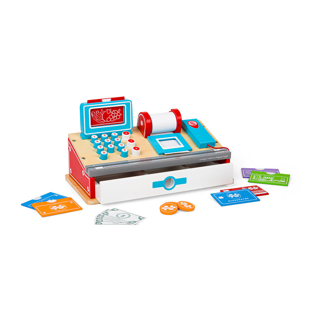 Bigjigs Shop Till with Scanner, The Bigjigs Toys wooden Shop Till with Scanner is a great addition to any Pretend Play Shop. Keen sales assistants can scan the items using the Bigjigs Shop Till with Scanner, offer different payment methods including credit card and cash, and even create a receipt for their customer! This Bigjigs Shop Till with Scanner is a great way to introduce little ones to numbers and mathematics, developing thinking, counting, addition, subtraction and reasoning skills. The Bigjigs Sho