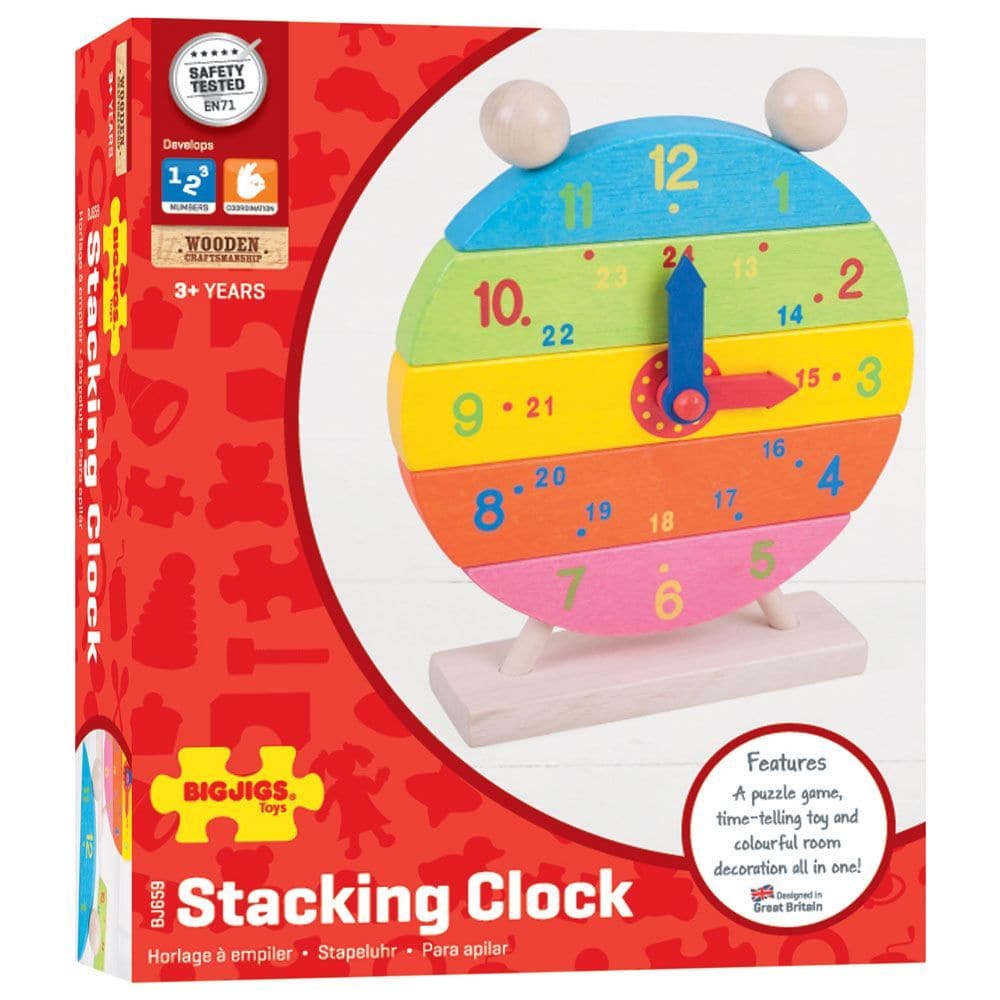 Bigjigs Stacking Clock, Introduce your little one to the concept of time in the most delightful way with the Bigjigs Stacking Clock. Beautifully crafted in bright and stripy colours, this wooden clock is more than just a time-telling device; it's an interactive learning tool designed to stimulate various skills. Key Features: Vibrant Design: Bright, stripy wooden pieces captivate young eyes and add a burst of colour to any play area. Moveable Hands: The clock features moveable hands, so you can set the time