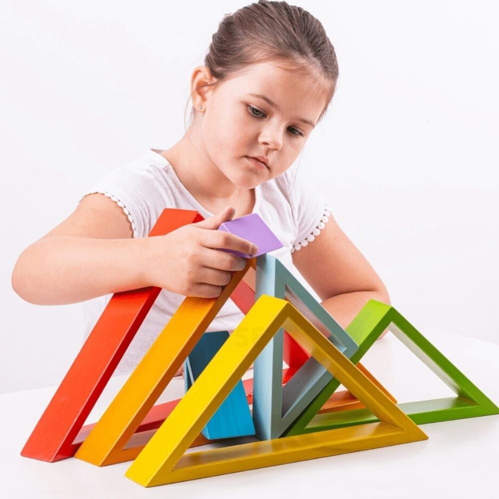 Bigjigs Stacking Triangles, The play possibilities are endless with these Bigjigs Stacking Triangles. With no guidelines or rules, creative youngsters can stack the triangles in any way they decide, discovering unique uses for each of the triangles. Little hands can assemble a variety of shapes and objects while learning all about different sizes and colours. The Bigjigs Stacking Triangles are made from solid wood and coloured with non-toxic paints. Once playtime is over, this Stacking Triangle makes a fun 