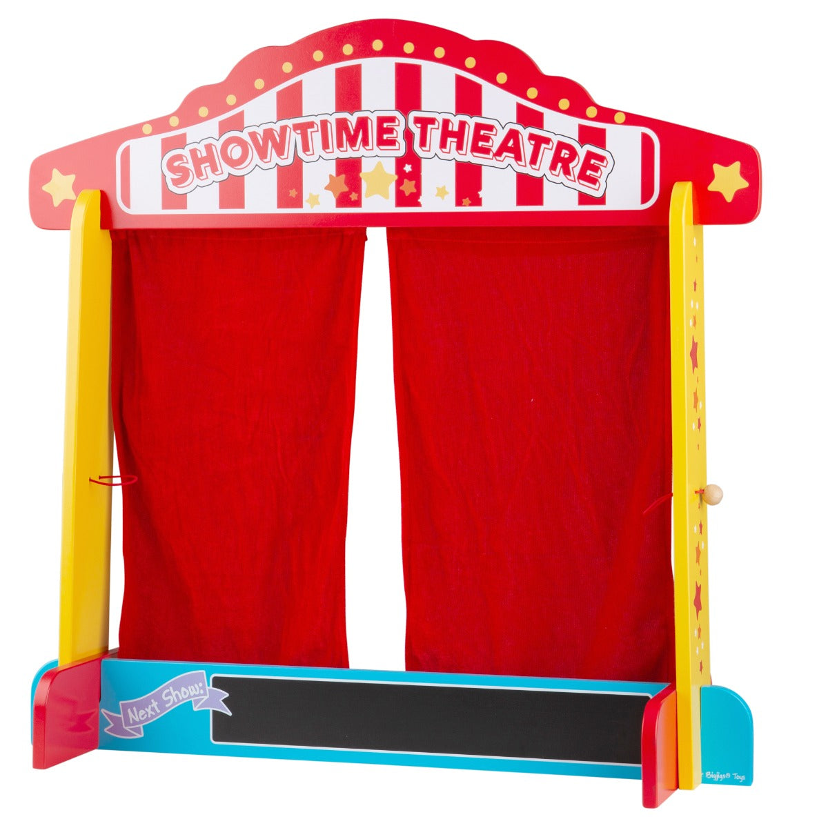Bigjigs Table Top Theatre, The Bigjigs Table Top Theatre is not just a toy, it's a platform for creativity and imagination! Made from high-quality, responsibly sourced materials, this wooden puppet theatre is built to last, ensuring hours of entertainment for children aged 3 years and above.With its red silk-effect curtains, the stage is set for a captivating performance. The curtains can be opened and closed, adding an element of suspense and excitement to every show.In addition, the Bigjigs Table Top Thea