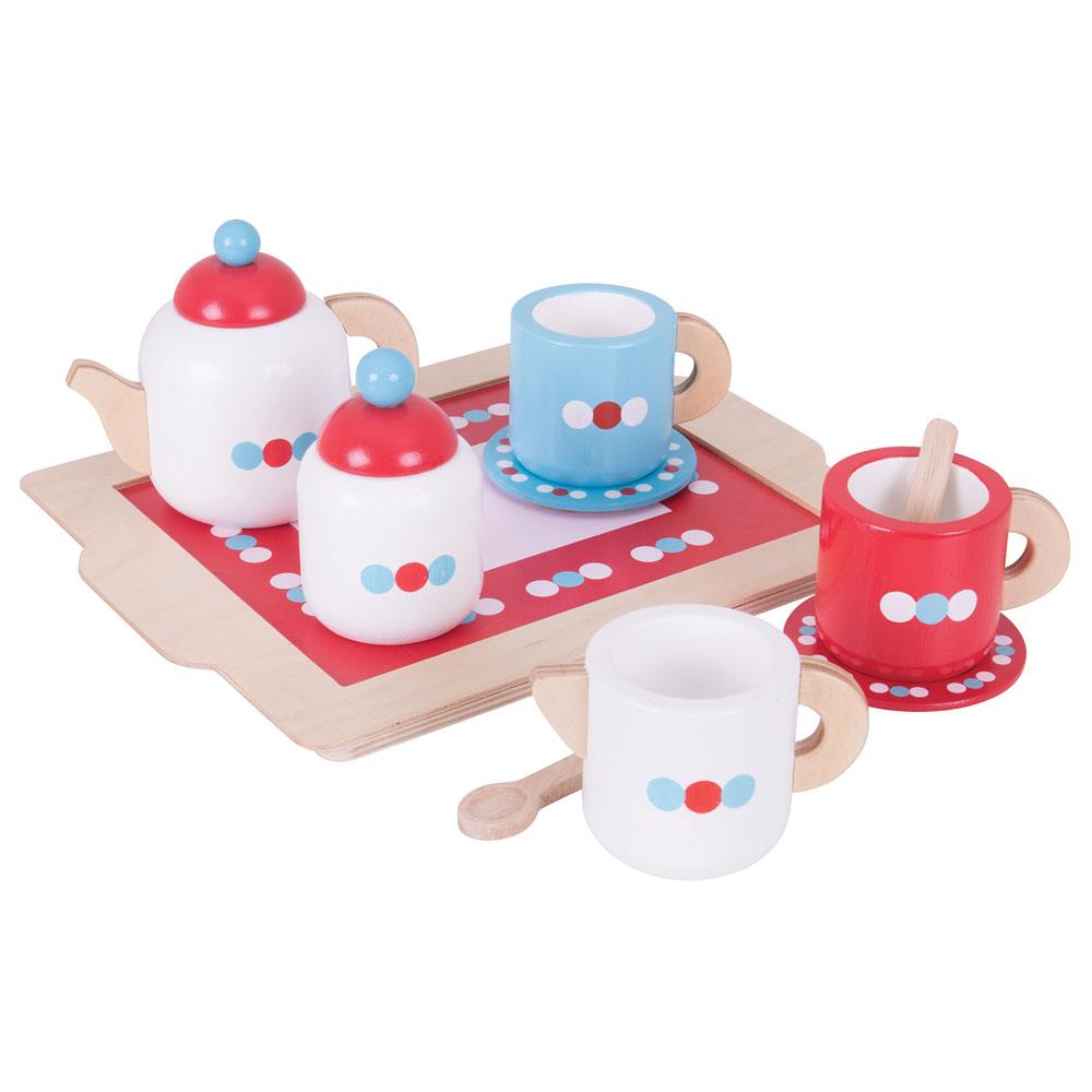 BigJigs Tea Set on a Tray, This delightful BigJigs Tea Set on a Tray comes with everything they need to host the perfect tea party, including a teapot with lid, two wooden cups and saucers, a sugar pot with lid, two wooden spoons, a milk jug, and a tray. Kids will love pouring imaginary tea and serving up imaginary treats with this charming set.Not only is it fun to play with, but the Bigjigs Toys Wooden Tea Set is also a great way to encourage imaginative play and develop social skills. Kids can practice s