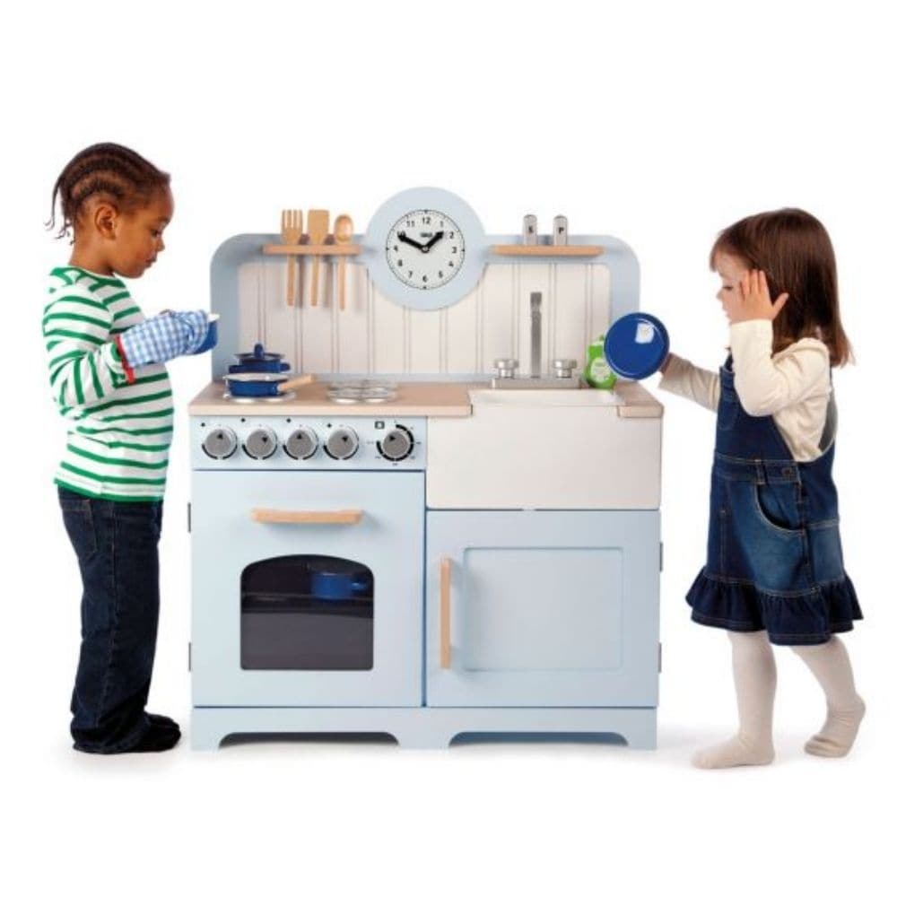 Bigjigs Tidlo Country Kitchen, Inspire budding young chefs to cook up a storm with the delightful wooden Bigjigs Country Play Kitchen from Tidlo. This lifelike Bigjigs Tidlo Country Kitchen features an oven and hob with clicking dials, a storage cupboard, a Belfast sink, utensil shelves and a clock with moveable hands, to ensure dinner is served on time! Plus, three kitchen utensils which can be slotted tidily in the shelf above the hob, a plastic bowl in the sink, salt & pepper and washing up liquid, makin