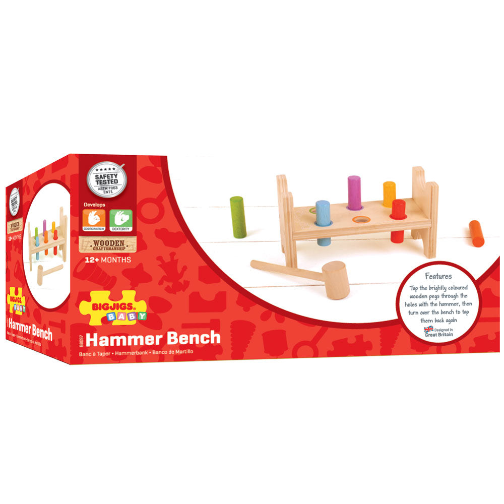 Bigjigs Toys First Hammer Bench, Help develop your little one's hand-eye coordination with the Bigjigs First Hammer Bench. Your child can simply tap on the brightly coloured wooden pegs with the sturdy but lightweight hammer to flatten them down to the workbench, then turn the whole thing over and start again! The Bigjigs Toys First Hammer Bench is the perfect way to learn cause and effect as well as developing good coordination and dexterity. The bright colours are eye-catching for visual stimulation and t