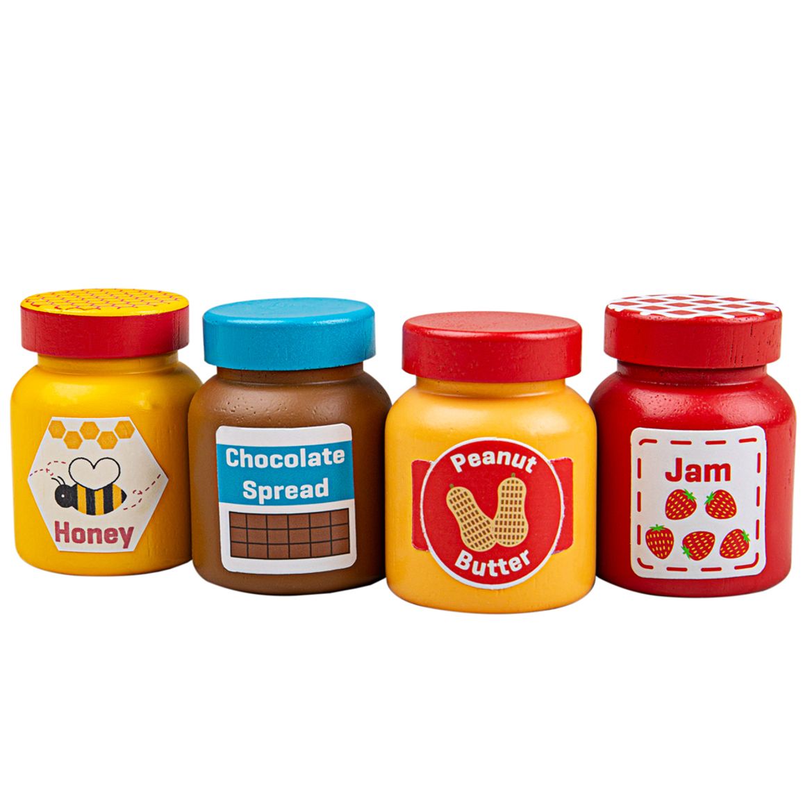 Bigjigs Toys Jars and Spreads, Spark hours of imaginative play with these yummy Jars & Spreads! This realistic wooden play food includes Chocolate Spread, Honey, Peanut Butter and Jam. Perfectly paired with the Bigjigs Toys Toaster whip up family and friends some yummy toast for breakfast, or even as an afternoon snack! Our Jars & Spreads are a great addition to any Play Kitchen or Play Shop. Our wooden food toys are made from high quality, responsibly sourced materials. Conforms to current European safety 