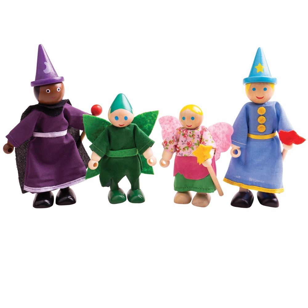 Bigjigs Toys Wooden Fantasy Dolls, The Bigjigs Toys Wooden Fantasy Dolls set includes 4 fantasy dolls which are perfect for creative roleplay sessions! Includes a witch, wizard, pixie and fairy. These beautifully crafted figures feature bendable limbs so little ones can have them seated or standing, in different positions. A great addition to the Bigjigs Toys Fairy Tale Palace, and great for use as props during story time. Age 3+ years. Made from high quality, responsibly sourced materials. Conforms to curr