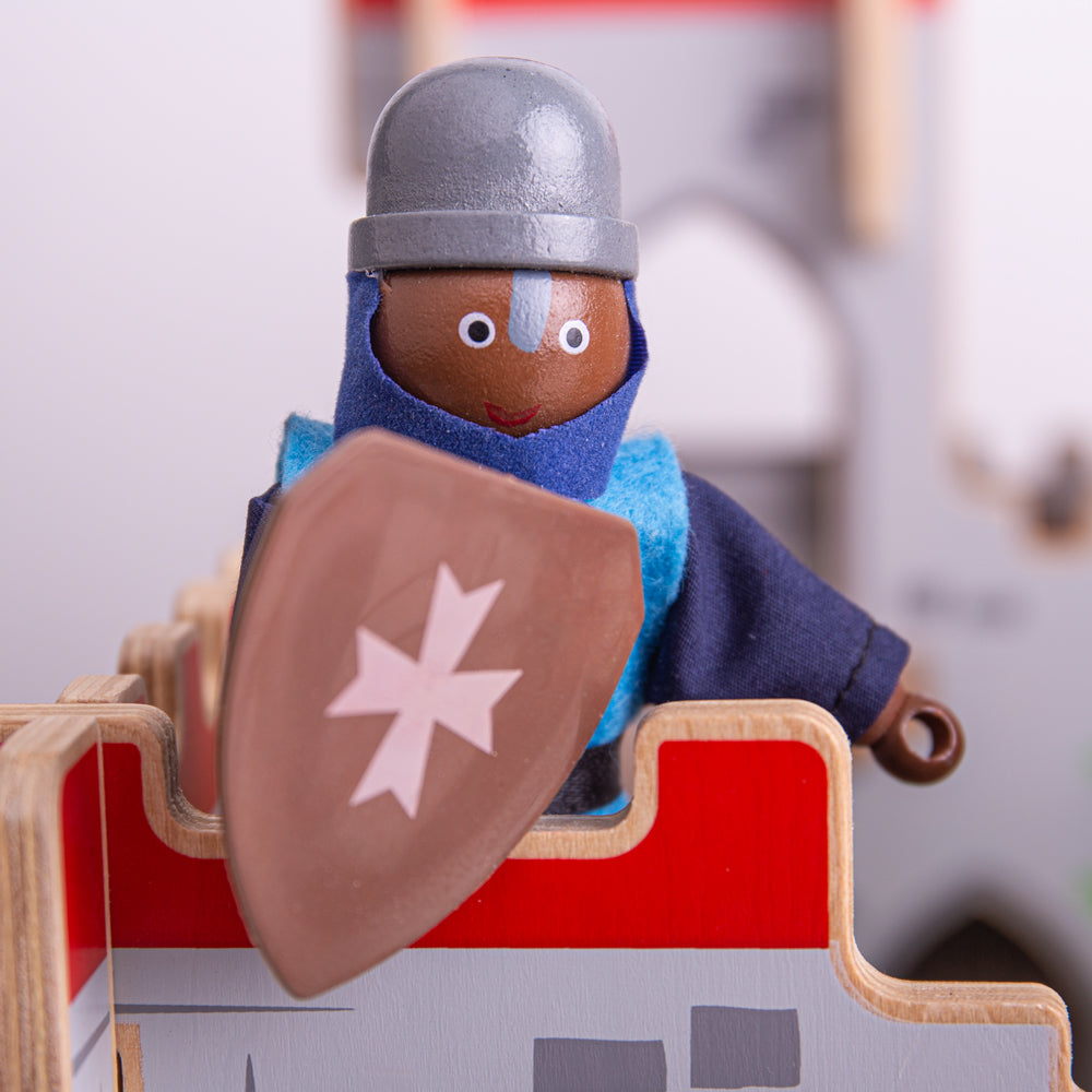 Bigjigs Toys Wooden Knight Toys Set, The Bigjigs Toys Wooden Knight Toys Set includes four medieval dolls that are perfect for historic and creative pretend play sessions. With flexible, poseable arms and legs, each of the figures can stand or sit during playtime. Our knights castle toys are a great addition to King George’s Castle, a magnificent wooden castle. Will the House of Blue or House of Red claim the castle? You will have to battle it out with the four knights to decide! Also ideal for use as props