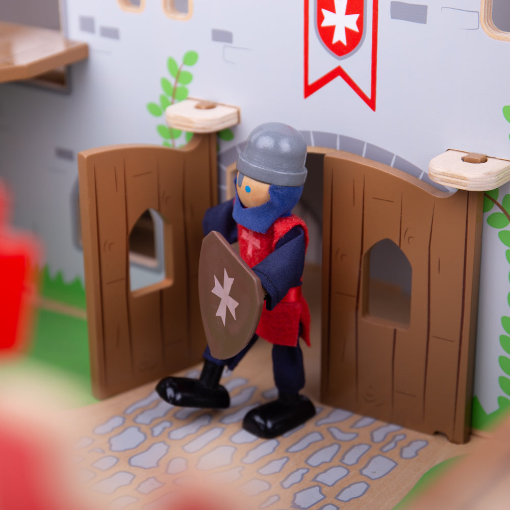 Bigjigs Toys Wooden Knight Toys Set, The Bigjigs Toys Wooden Knight Toys Set includes four medieval dolls that are perfect for historic and creative pretend play sessions. With flexible, poseable arms and legs, each of the figures can stand or sit during playtime. Our knights castle toys are a great addition to King George’s Castle, a magnificent wooden castle. Will the House of Blue or House of Red claim the castle? You will have to battle it out with the four knights to decide! Also ideal for use as props