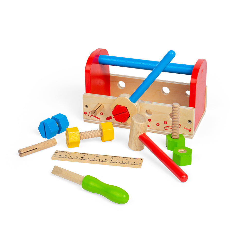 Bigjigs Toys Wooden My Tool Box, With a spanner, hammer, nuts and bolts and even a screwdriver and ruler, the Bigjigs Toys Wooden My Tool Box includes everything a young crafter needs to get on with the job of fixing! The sturdy wooden Tool Box has a built in handle so that your little one can take their tools with them on their travels! Helps to develop dexterity and co-ordination in addition to problem solving skills. Bigjigs Toys was established in Kent in 1985 by two teachers. They have always had child
