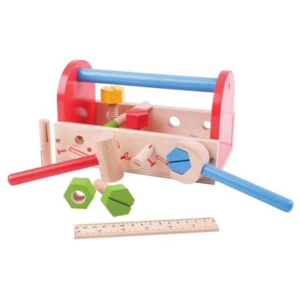 Bigjigs Toys Wooden My Tool Box, With a spanner, hammer, nuts and bolts and even a screwdriver and ruler, the Bigjigs Toys Wooden My Tool Box includes everything a young crafter needs to get on with the job of fixing! The sturdy wooden Tool Box has a built in handle so that your little one can take their tools with them on their travels! Helps to develop dexterity and co-ordination in addition to problem solving skills. Bigjigs Toys was established in Kent in 1985 by two teachers. They have always had child