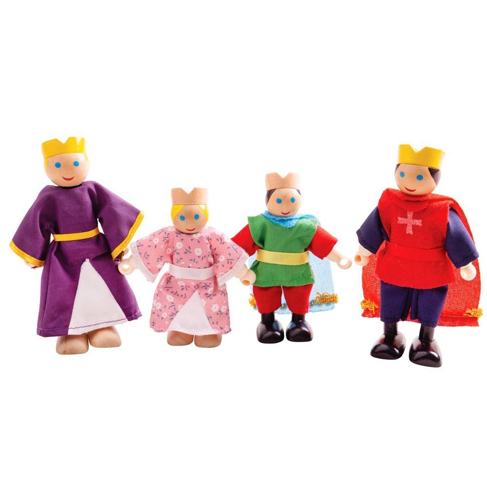 Bigjigs Toys Wooden Royal Family Dolls, The Bigjigs Toys Wooden Royal Family Dolls set includes two generations of the Royal Family: the King, Queen, Princess and Prince. They have many tales to tell and plenty more adventures ahead of them! These beautifully crafted dolls house figures feature bendable limbs so little ones can have them seated or standing, in different positions. The King wears a Knights's uniform with a red cape, the Queen wears a beautiful purple gown, the Princess wears a pretty floral 
