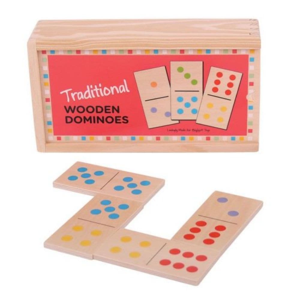 Bigjigs Traditional Wooden Dominoes, Our colourful traditional wooden dominoes are perfectly sized for little hands to pick up and place. A classic wooden game that's sure to see lots of playtime, all of the dominoes pieces can be stored inside the robust wooden box with its sliding lid. This Bigjigs Traditional Wooden Dominoes set helps to develop dexterity, matching skills and concentration and the dots are painted in bright colours. Made from high quality, responsibly sourced materials. Conforms to curre