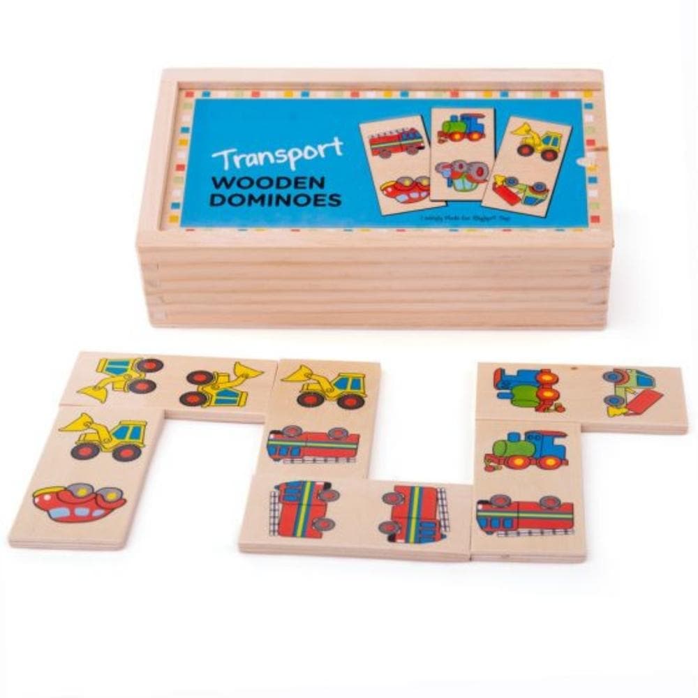 Bigjigs Transport Dominoes, Introducing the Bigjigs Transport Dominoes, a set of brightly coloured and chunky dominoes designed specifically for little hands. These dominoes are perfectly sized for easy gripping and placing, ensuring hours of fun and successful gameplay.The Bigjigs Transport Dominoes set is not just a game, but a timeless source of entertainment that will be enjoyed for years to come. The durable wooden box, complete with a sliding lid, provides a safe and convenient storage solution for al
