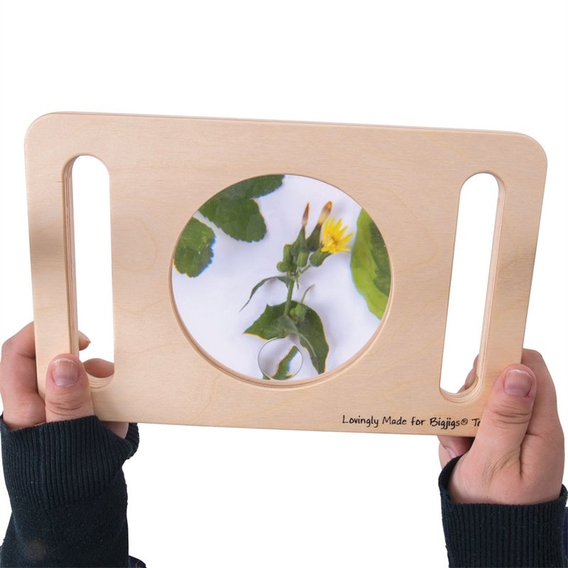 Bigjigs Two Handed Magnifier Glass, Grab your Bigjigs Two Handed Magnifier Glass and head out into the garden to discover a tiny world, enlarged! This Two Handed Magnifier Glass features two handles and a large wooden design that is easy for little hands to grasp and hold whilst exploring. The Bigjigs Two Handed Magnifier Glass is a useful educational toy, our sturdy and robust magnifier is ideal for hunting minibeasts, studying insects and plants, examining small objects, reading small text and even playin