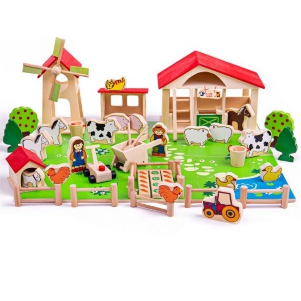 Bigjigs Wooden Play Farm, This brightly coloured wooden Bigjigs Play Farm includes a functional stable and windmill, a vegetable patch, kennel and pond as well as lots of animals, tools and movable fencing. This wooden Bigjigs Farm play set will provide hours of fun for your little one as they discover the delights of the farm. Made from high quality, responsibly sourced materials. Conforms to current European safety standards. Consists of 48 play pieces. Join in the fun as the farmer and his wife tend to t