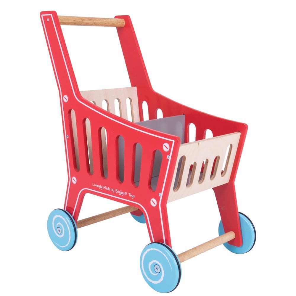 Bigjigs Wooden Supermarket Trolley, Little shoppers can now carry their play food and grocery shopping easily with the Bigjigs Toys Wooden Shopping Trolley. Whizzing up and down the aisles, your little one will love this sturdy wooden trolley; it's a great addition to any Play Shop. Ideal for encouraging interactive and imaginative role play sessions individually or amongst children. The Bigjigs Wooden Supermarket Trolley is made from high quality, responsibly sourced materials. Conforms to current European