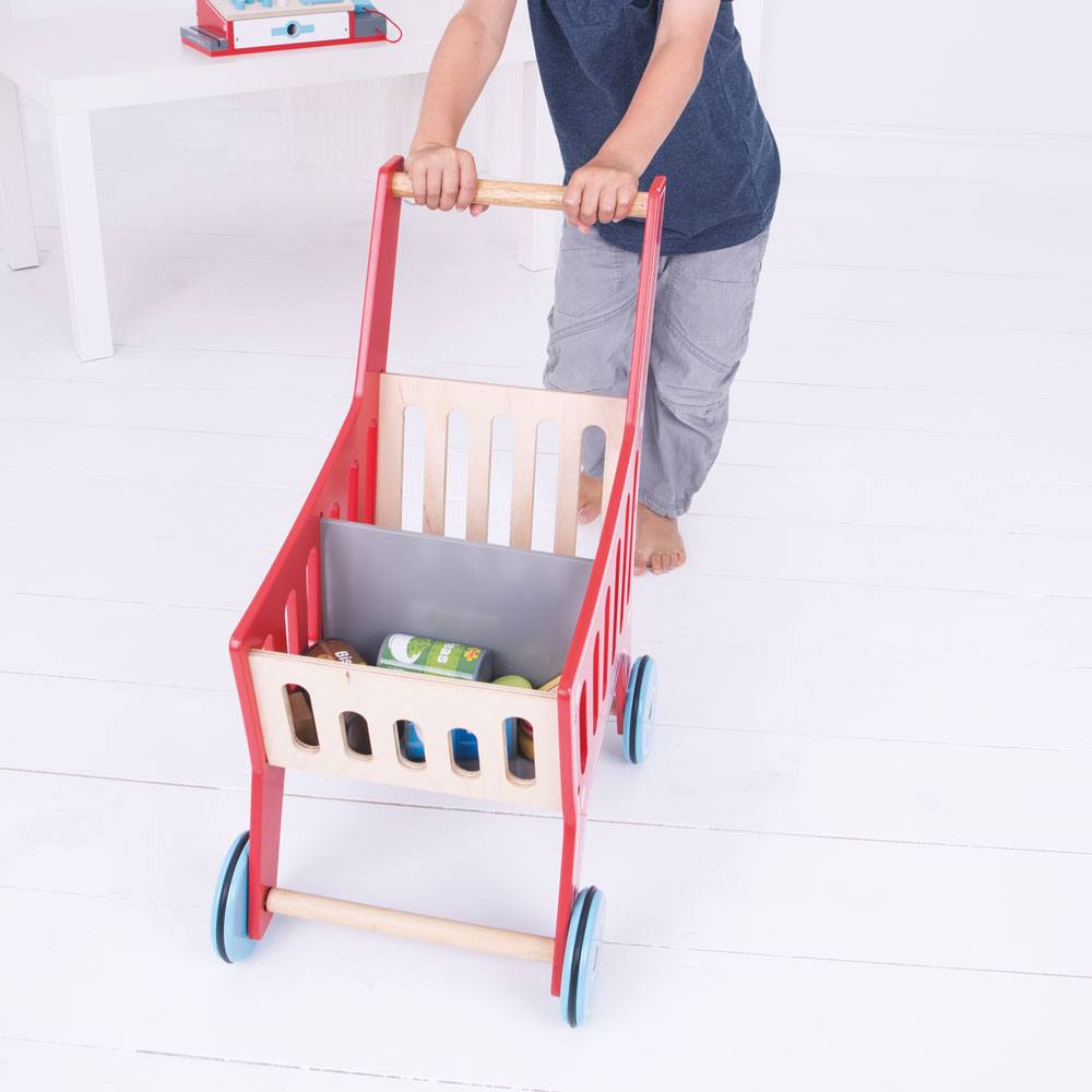 Bigjigs Wooden Supermarket Trolley, Little shoppers can now carry their play food and grocery shopping easily with the Bigjigs Toys Wooden Shopping Trolley. Whizzing up and down the aisles, your little one will love this sturdy wooden trolley; it's a great addition to any Play Shop. Ideal for encouraging interactive and imaginative role play sessions individually or amongst children. The Bigjigs Wooden Supermarket Trolley is made from high quality, responsibly sourced materials. Conforms to current European