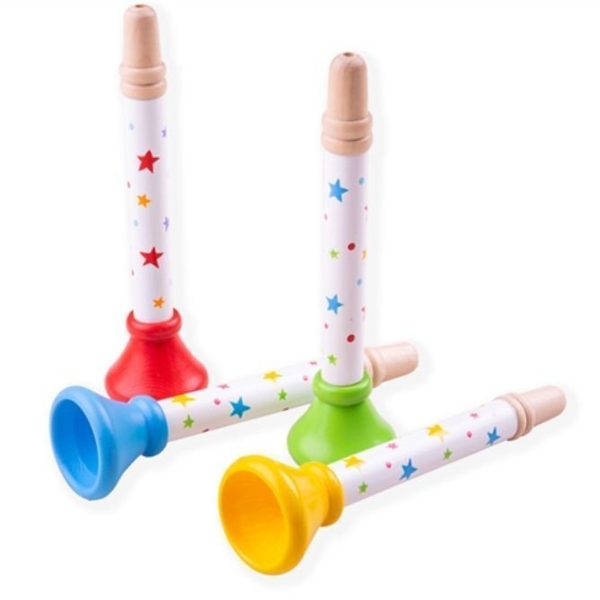 Bigjigs Wooden Trumpet, These adorable Bigjigs Wooden Trumpet are sure to delight little ones as they learn to play along in time to the music, make up their own or just enjoy creating lots of noise! The Bigjigs Wooden Trumpets are perfectly sized for little hands to grip. Ideal as an early introduction to sound and rhythm, and a great way to encourage creativity. The Bigjigs Wooden Trumpet helps to develop dexterity and coordination. Bigjigs Wooden Trumpet A great stocking filler or party bag treat. Made f
