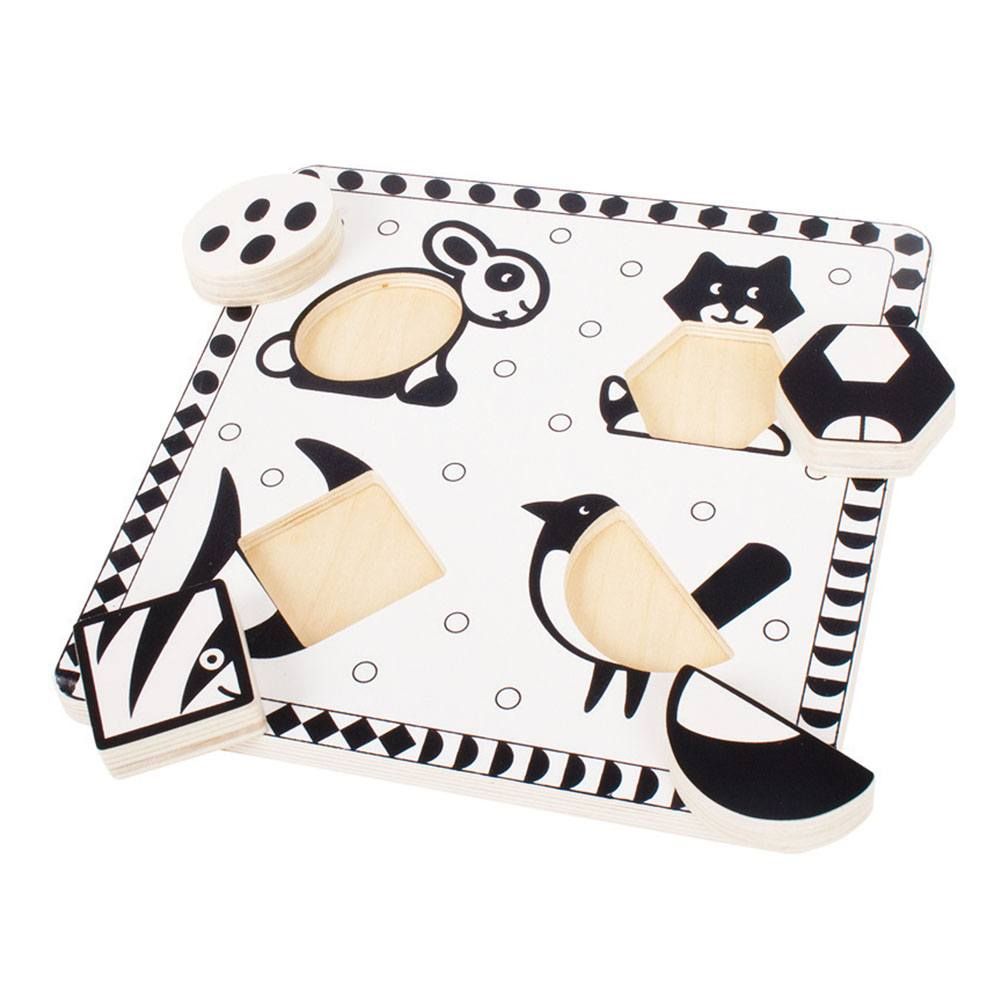 Black and White Puzzle Pets, This Black and White Puzzle Pets puzzle has been specifically designed in black and white, due to the fact that black and white are the easiest colours for young children to see and respond to. Each of the four puzzle pieces can be slotted into the animal illustrations and will aid your child's development as they learn to identify and place each one. Each chunky wooden puzzle piece is generously sized to make it easier for little hands to lift, grasp, examine and replace. Black