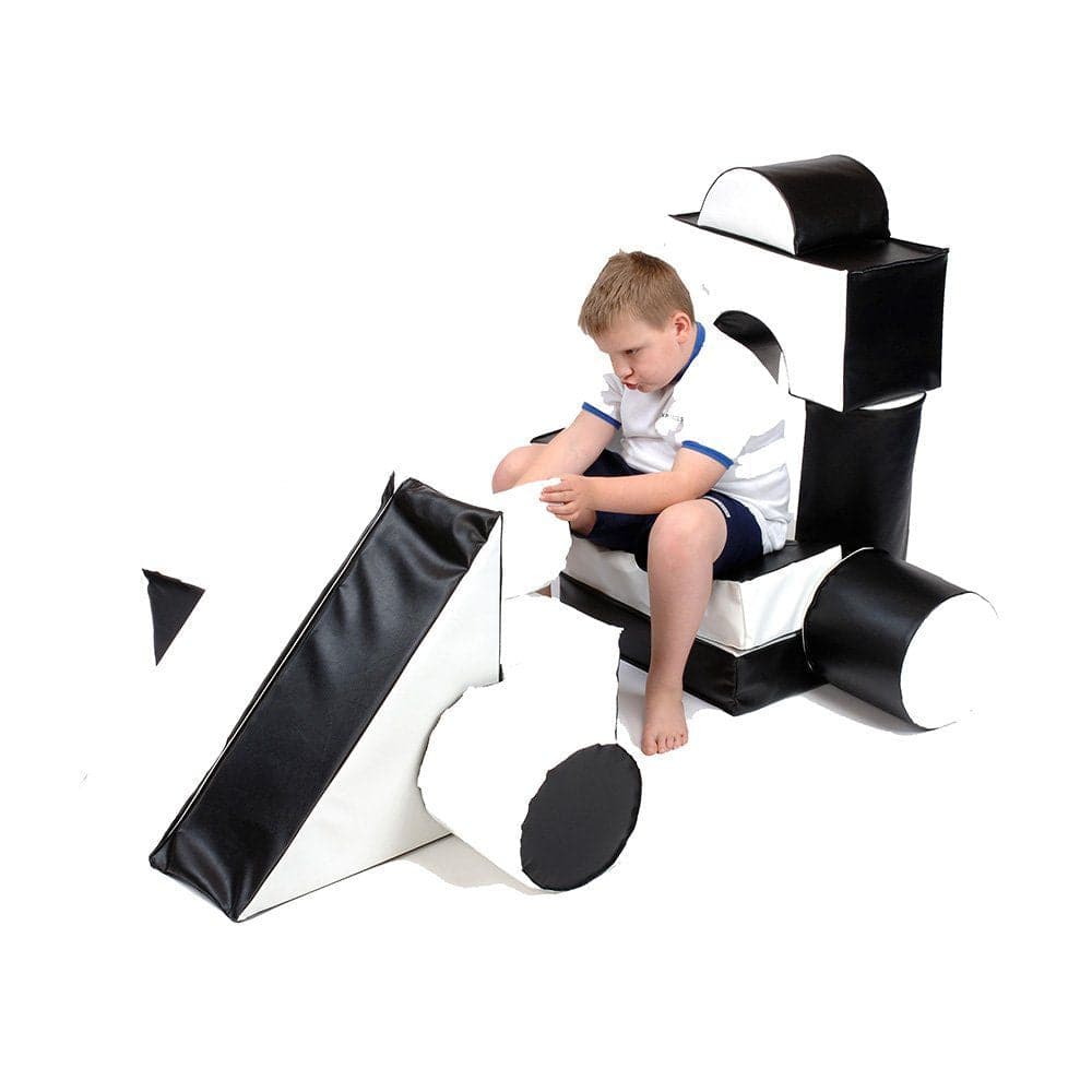 Black and white sensory play set, Our Black and White Sensory Soft Play Kits are the perfect tool to stimulate visual development in babies and provide an engaging experience for the visually impaired. Designed with contrasting black and white colors, these kits offer high contrast visual stimulus that captivates the attention of little ones.Not only are these kits visually stimulating, but they also encourage imaginative play. Children can use the various pieces included in the kit to create numerous role-