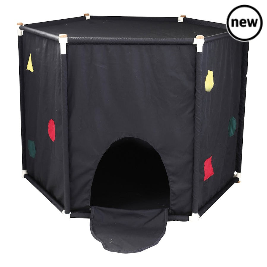 Black Out Sensory Den, This sensory den has a unique hexagonal shape, is simple to install and light weight while being stable and safe for children to use. The sealable entrance and windows means the inside remains dark even in daylight. Creates the perfect space for multi-sensory play and learning. Children can explore UV, glow in the dark or as a calming, relaxation space. The den comes with a window which can be opened to let in some light or convert the den into a role play space. This sensory den has 
