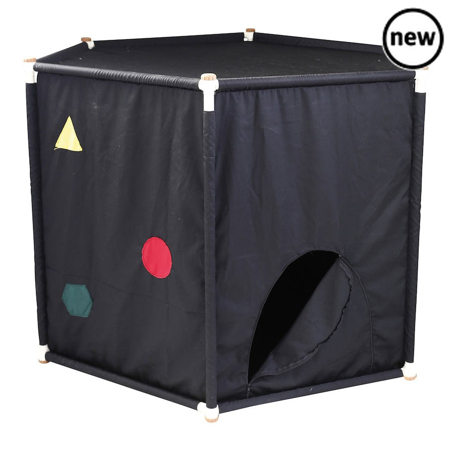 Black Out Sensory Den, This sensory den has a unique hexagonal shape, is simple to install and light weight while being stable and safe for children to use. The sealable entrance and windows means the inside remains dark even in daylight. Creates the perfect space for multi-sensory play and learning. Children can explore UV, glow in the dark or as a calming, relaxation space. The den comes with a window which can be opened to let in some light or convert the den into a role play space. This sensory den has 