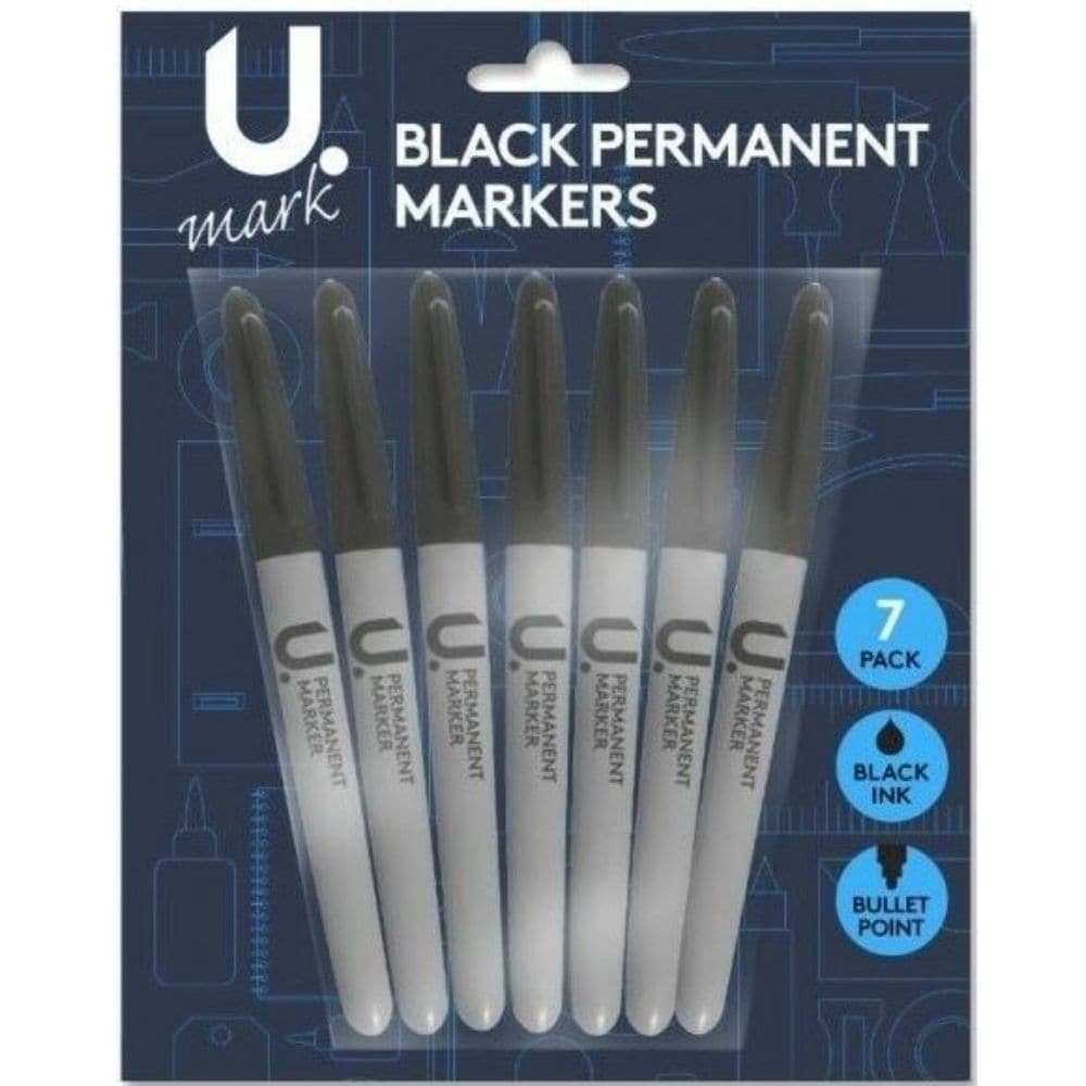 Black Permanent Markers Pack of 7, The Black Permanent Markers Pack of 7 is an essential tool for every creative individual. With its pen-style design, these markers are perfect for all your writing and artistic needs. Whether you are working on a project at home or staying organized in the office, these markers will be your go-to choice.This pack of 7 markers is a versatile set, suitable for marking a wide range of materials. Whether it's cardboard, photo paper, corrugate, wood, metal, foil, stone, plastic