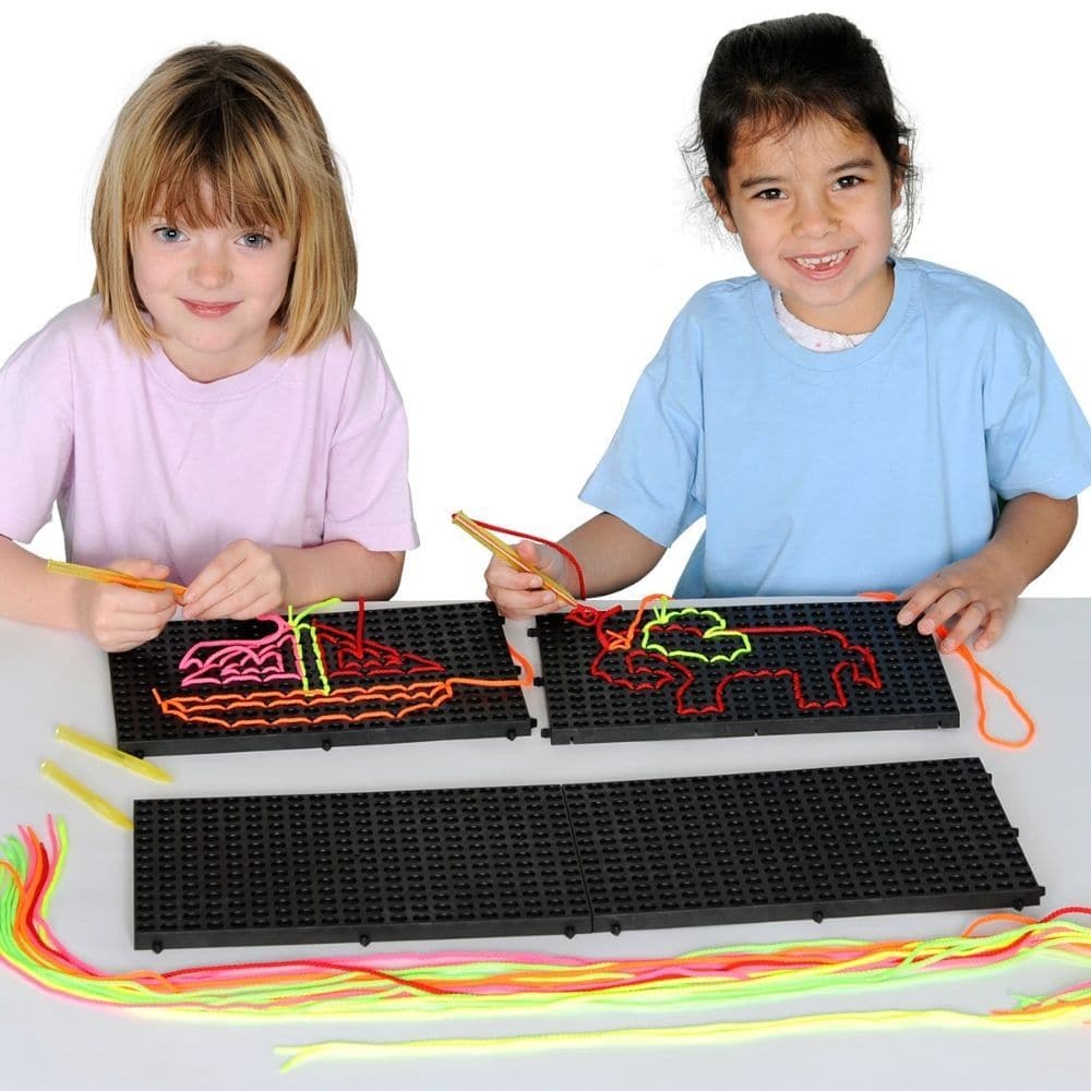 Black Rectangular Pattern Boards, The Black Rectangular Pattern Boards offer a unique and interactive learning experience designed to enhance a range of skills in children aged 3 and up. This educational tool not only fosters creativity but also contributes to the development of fine motor skills and hand-eye coordination. With each board measuring 42 x 27 x 5 cm and weighing 1 kg, children can easily manipulate the threading pens and coloured laces to create intricate designs and pictures. The act of pushi
