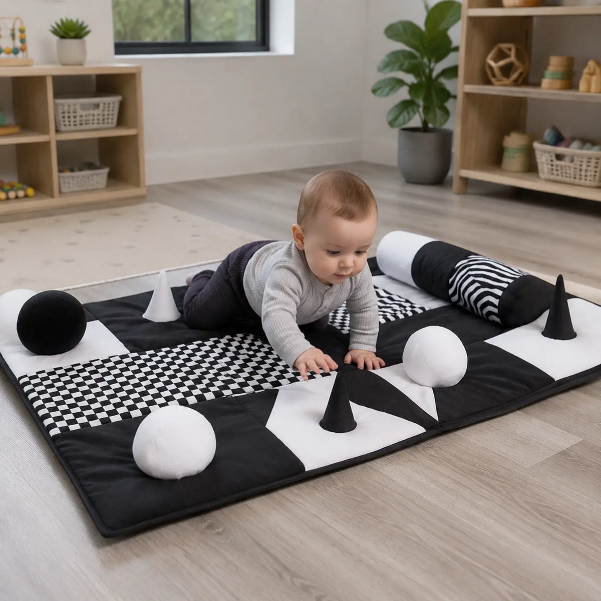 Black and White Sensory Contrasts Mat in a natural early-years nursery, lifestyle view 4