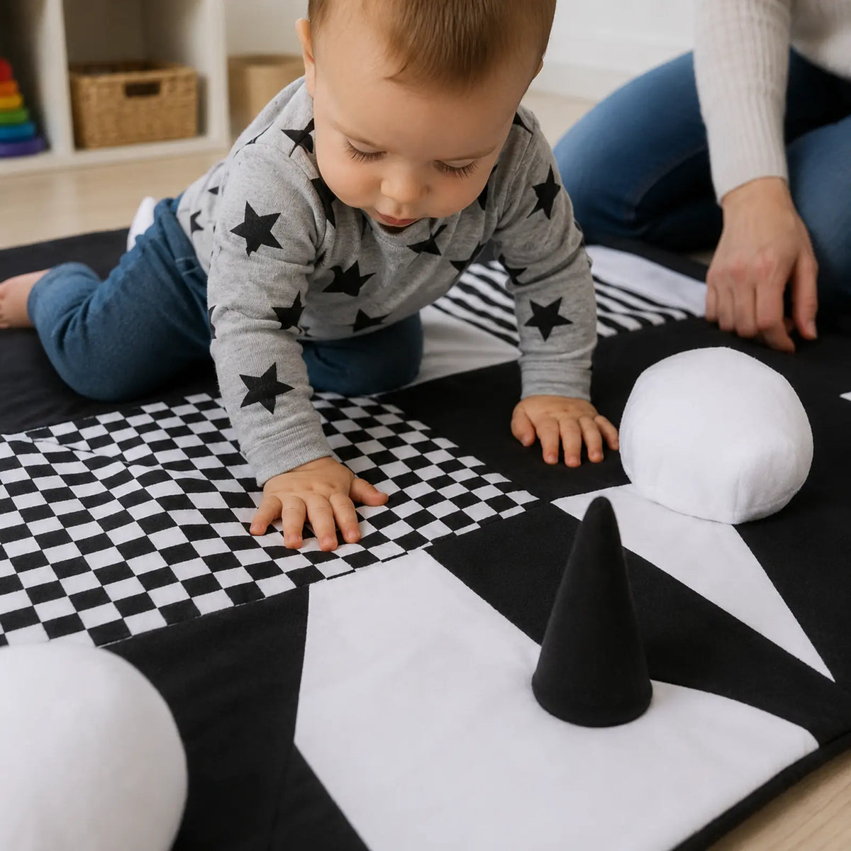 Black and White Sensory Contrasts Mat in a natural early-years nursery, lifestyle view 7