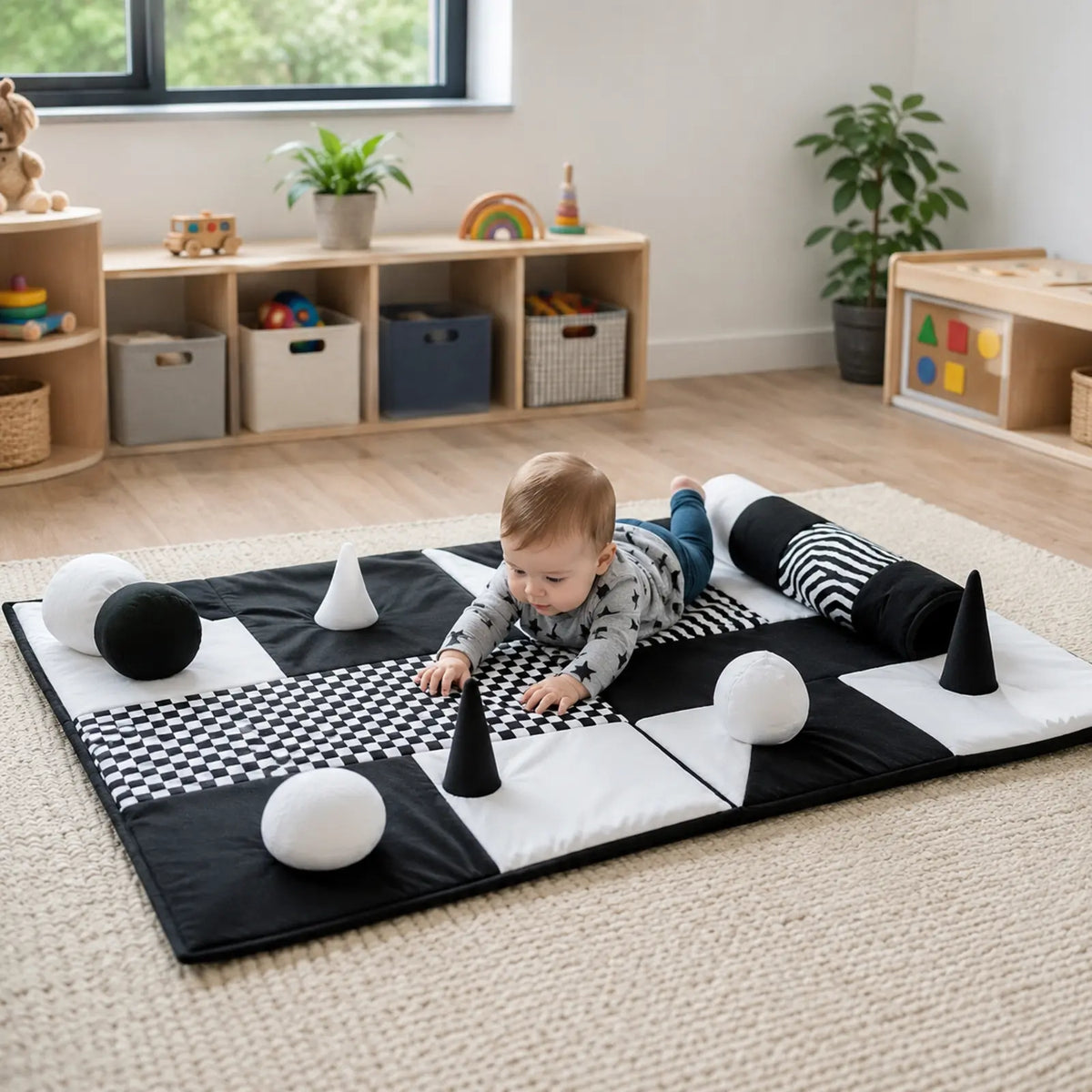 Black and White Sensory Contrasts Mat in a natural early-years nursery, lifestyle view 8