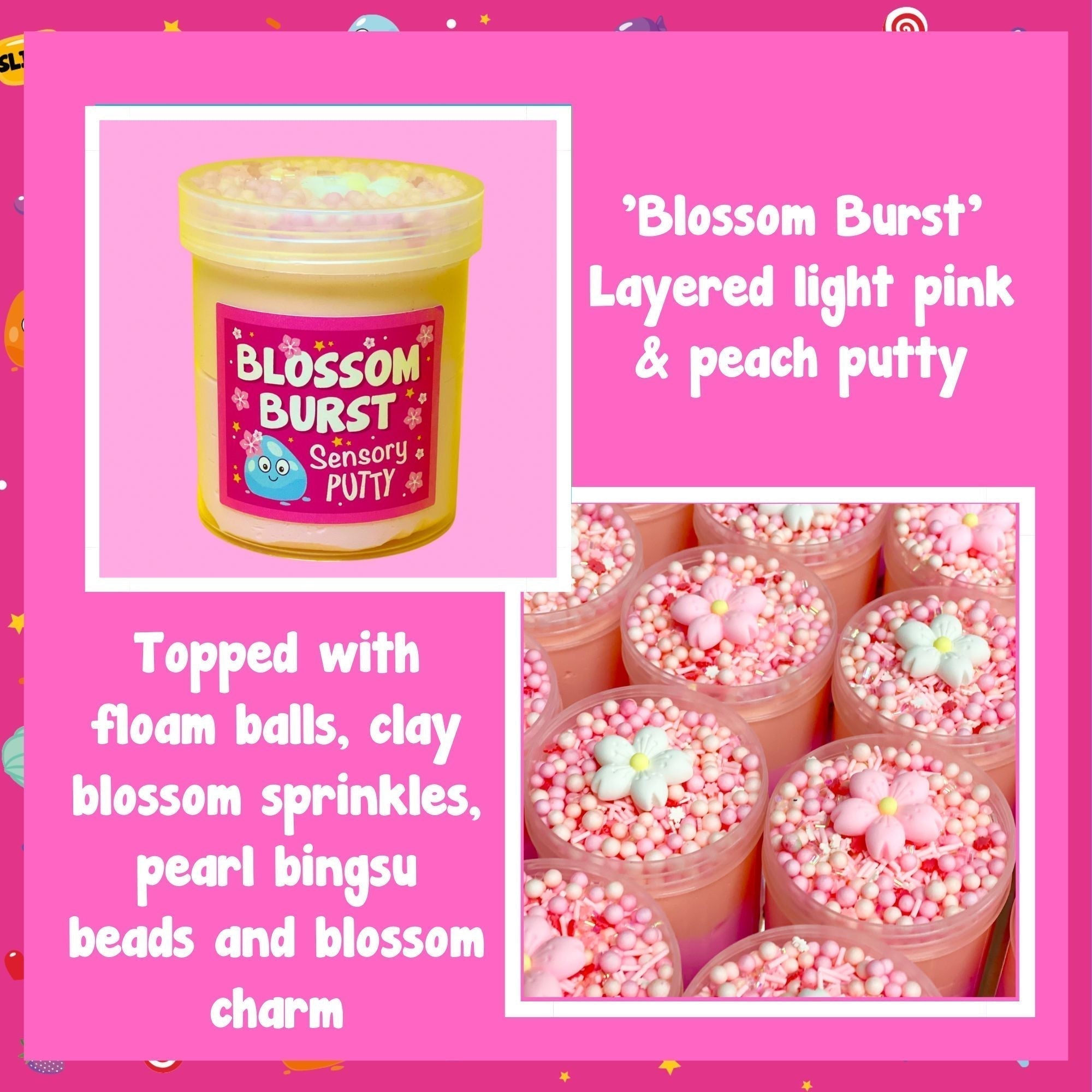 Blossom Burst Putty, Our Blossom Burst putty consists of a stunning combination of floral goodness. The duo of pastel pink and peach coloured putty is topped with matching pink and peach floam beads, shimmering pearl bingsu beads, beautiful blossom sprinkles and an adorable blossom charm, accompanied by a gentle cherry scent too! Putties are air reactive and will dry out of left out. Always return to the container after play with the lid tightly on. Keep away from direct sunlight. Keep away from fabrics and