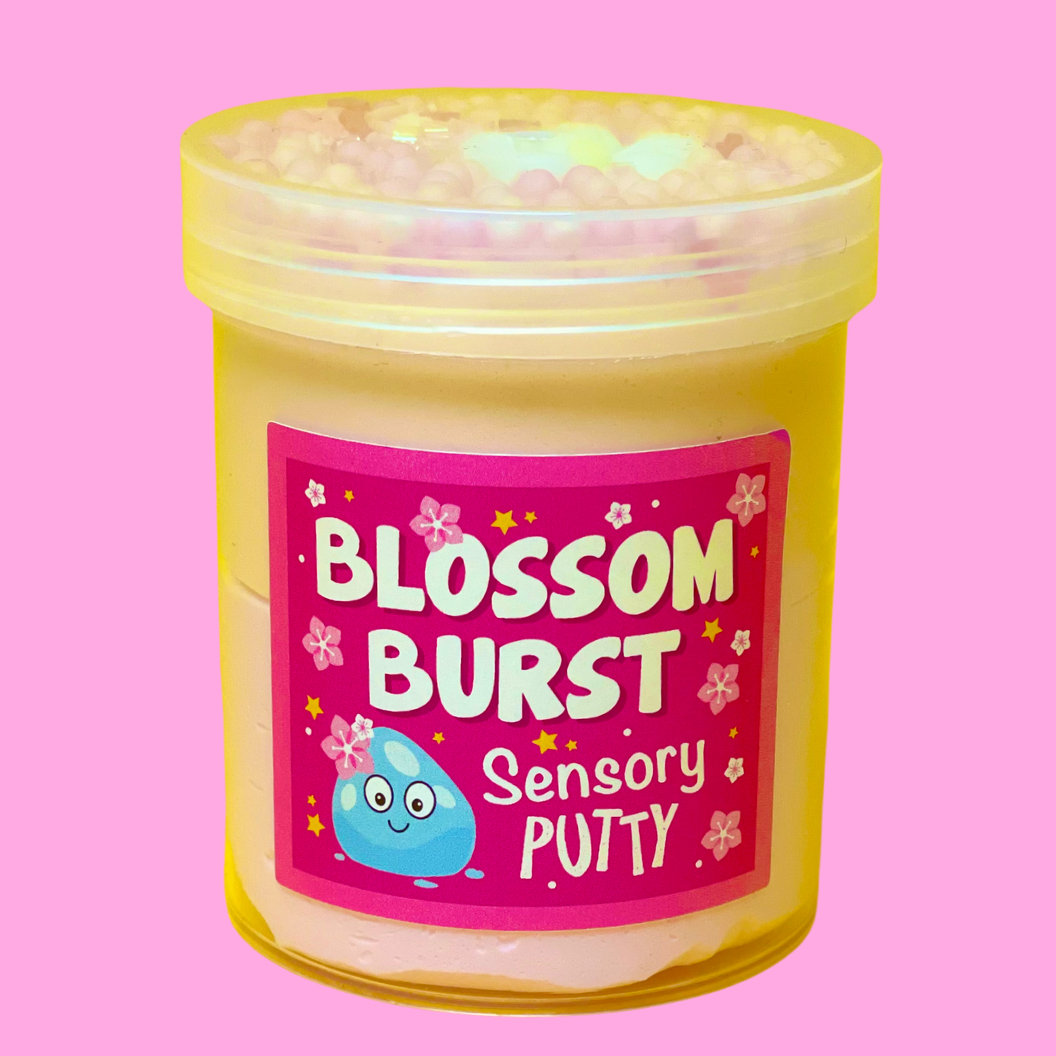 Blossom Burst Putty, Our Blossom Burst putty consists of a stunning combination of floral goodness. The duo of pastel pink and peach coloured putty is topped with matching pink and peach floam beads, shimmering pearl bingsu beads, beautiful blossom sprinkles and an adorable blossom charm, accompanied by a gentle cherry scent too! Putties are air reactive and will dry out of left out. Always return to the container after play with the lid tightly on. Keep away from direct sunlight. Keep away from fabrics and