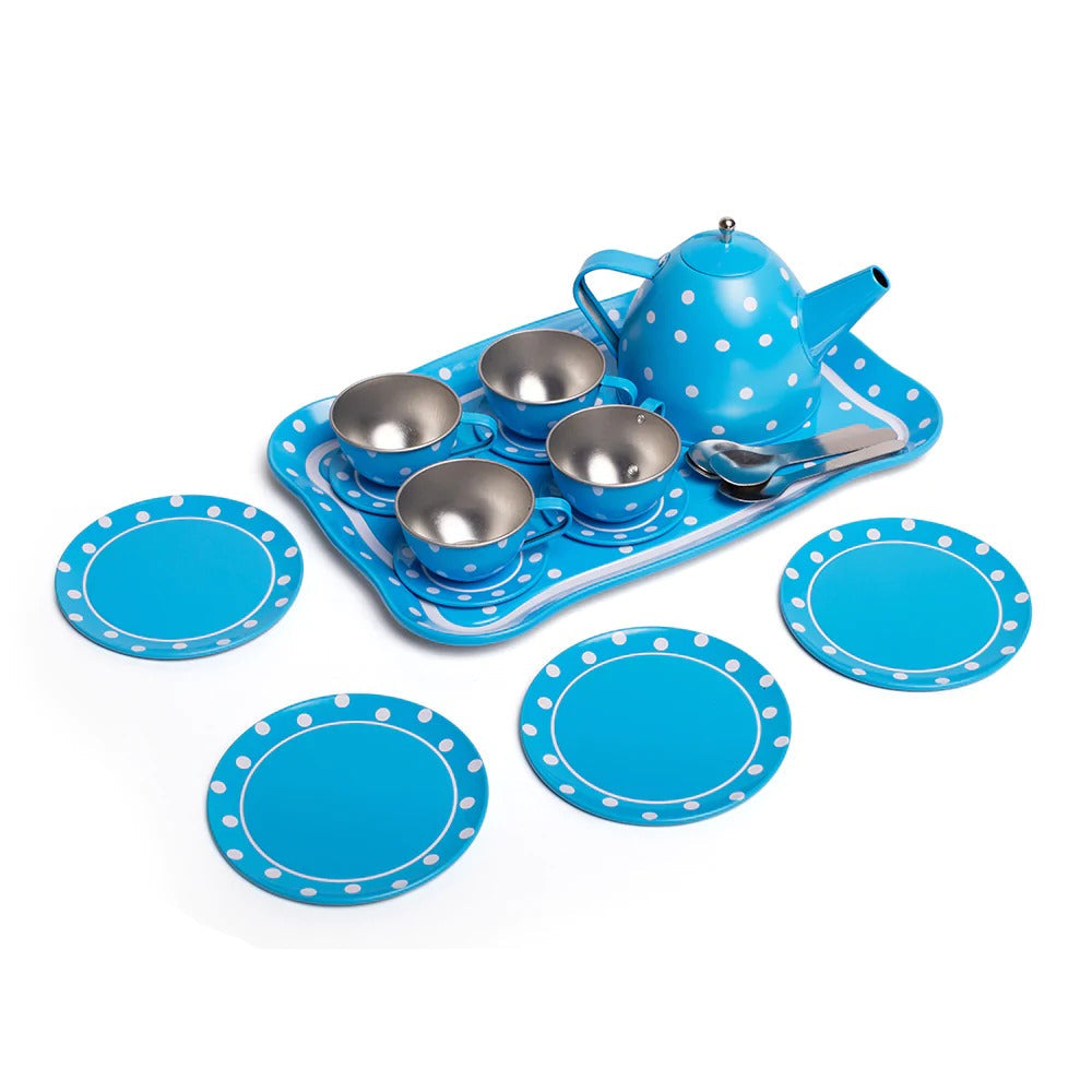 Blue Polka Dot Tin Tea Set, This stylish Blue Polka Dot Kids Tea Set includes four tin cups and saucers, a teapot and spoons all presented on a matching serving tray. It has everything little hosts and hostesses need to serve up delcious tea. This tea set is made from robust tin and has a polka dot design. Children's tea sets are a fun way of developing social skills, sharing skills and hand/eye coordination as well as encouraging imaginative roleplay. When play time's over (or it's time to travel), simply 