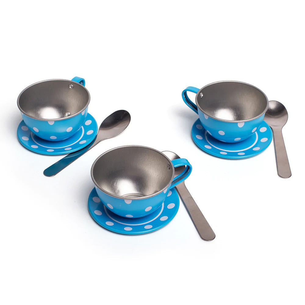 Blue Polka Dot Tin Tea Set, This stylish Blue Polka Dot Kids Tea Set includes four tin cups and saucers, a teapot and spoons all presented on a matching serving tray. It has everything little hosts and hostesses need to serve up delcious tea. This tea set is made from robust tin and has a polka dot design. Children's tea sets are a fun way of developing social skills, sharing skills and hand/eye coordination as well as encouraging imaginative roleplay. When play time's over (or it's time to travel), simply 