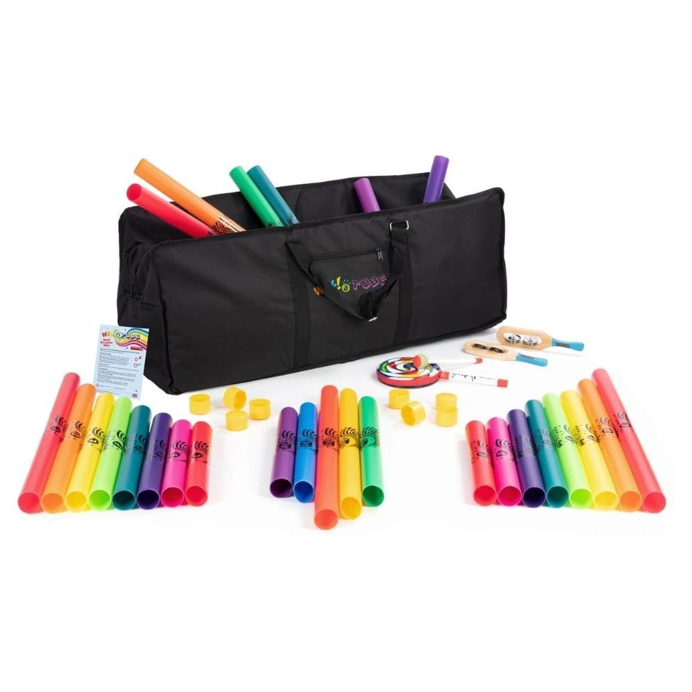 Boomwhackers Wak-a-Tubes classroom pack, Wak-a-Tubes are brightly coloured percussion instruments made from different lengths of plastic tubing. They’re fun and easy for musicians of all ages to play, a simple and inexpensive introduction to music making. They can be played in a wide variety of ways to create a range of different pitched sounds. Wak-a-Tubes are also supplied in multi-use packaging made of 100% recyclable materials, so you know that you’re doing your bit for the planet by buying UK made. Who