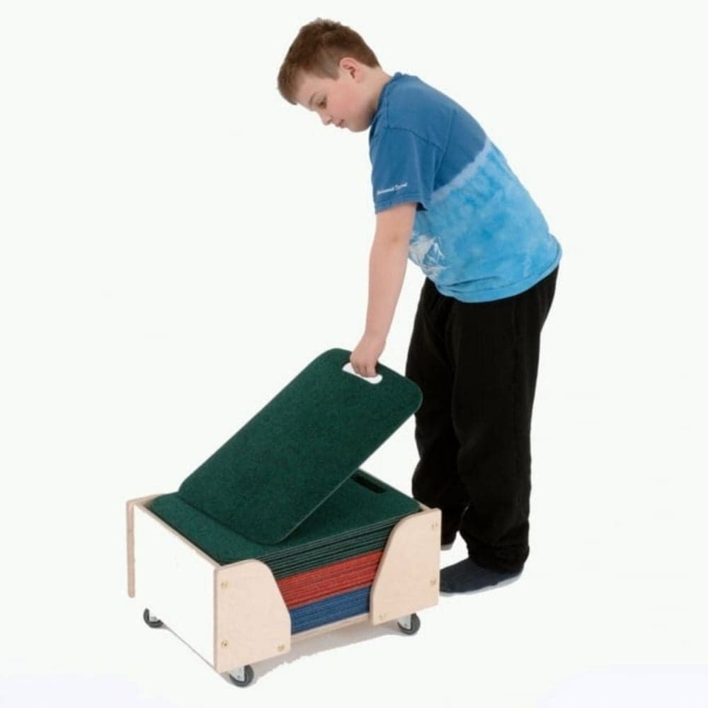 Bretton Mat Trolley, The Bretton Mat Trolley is a quality wooden trolley containing 30 indoor/outdoor children's seating mats. The Bretton Mat Trolley is constructed in the UK from exterior grade 15mm birch plywood. 4 heavy duty castors allow the Bretton Mat Trolley to be used outside as well as indoors. The Bretton Mat Trolley contains 30 seating mats made in the UK from Permafresh Carpets. Each seating mat measures 34 x 47cm and has its own integral carry handle. Ideal for outside seating. The mats are li