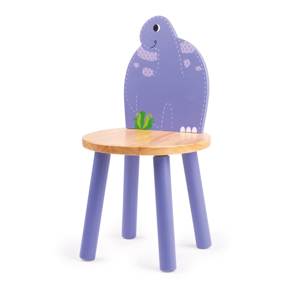 Brontosaurus Dinosaur Chair, Our bright Brontosaurus Chair features a natural wood seat and a purple back shaped like a Brontosaurus dinosaur. This vibrant dinosaur chair is the ideal height for young children to perch on. This kids dinosaur chair is part of the Tidlo Dinosaur furniture set with the Pterodactyl, T-Rex and Stegosaurus all coordinating with the Dinosaur Table. The Brontosaurus Chair is crafted from sturdy and robust wood and would suit any bedroom, playroom or kitchen. Designed for indoor use