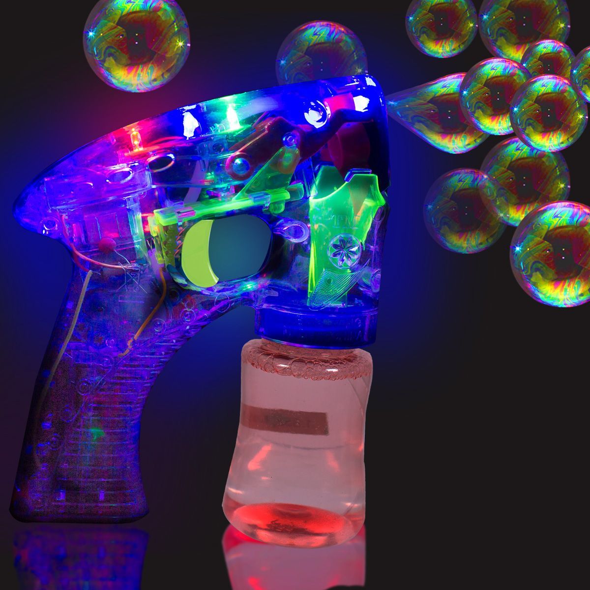 Bubble gun, Create beautiful barrages of bubbles with this fantastic light up bubble gun. Everyone will love to watch the bubbles and flashing lights whenever you pull the trigger on the Bubble gun. Use it in the dark for an enjoyable light show or in the light for simple bubble fun. A Bubble gun is a great toy for the home, classroom, or clinic that will keep kids entertained for hours! This bubble gun is a fantastic addition to your sensory collection. The Bubble Gun is great as a reinforcer for your ABA 