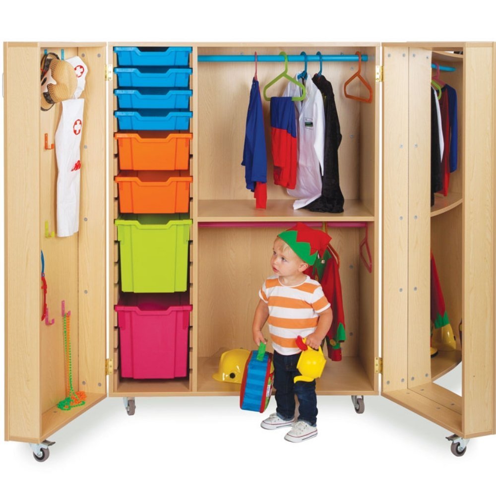 Bubblegum Dressing Up Storage Cupboard, The Bubblegum Dressing Up Storage Cupboard is the perfect storage solution for all your role play costumes and accessories. This Bubblegum Dressing Up Storage Cupboard unit will help keep all your pretend play resources organised and safely stored in one place! The Bubblegum Dressing Up Storage Cupboard features 12 colourful clothes hooks on the inside of one door and a full length mirror on the inside of the other door. The centre of the Bubblegum Dressing Up Storage