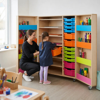 Bubblegum Multi Purpose Art Cupboard in a naturally lit early years nursery lifestyle setting 5