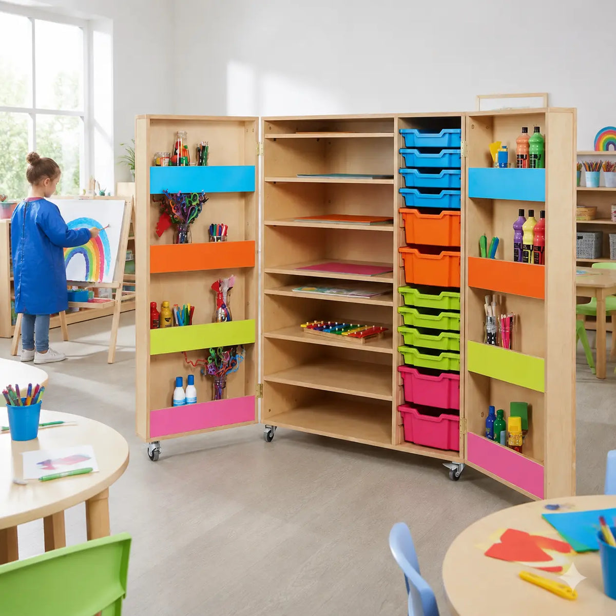 Bubblegum Multi Purpose Art Cupboard in a naturally lit early years nursery lifestyle setting 7