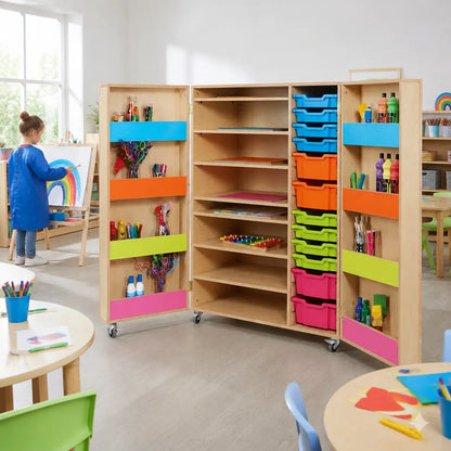 Bubblegum Multi Purpose Art Cupboard in a naturally lit early years nursery lifestyle setting 7