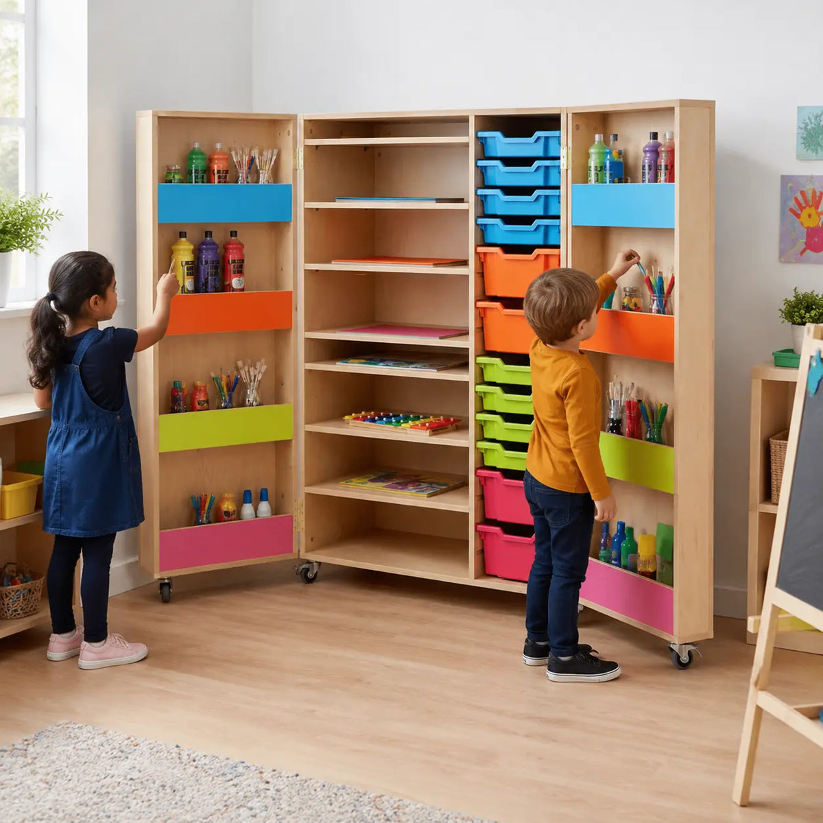 Bubblegum Multi Purpose Art Cupboard in a naturally lit early years nursery lifestyle setting 8