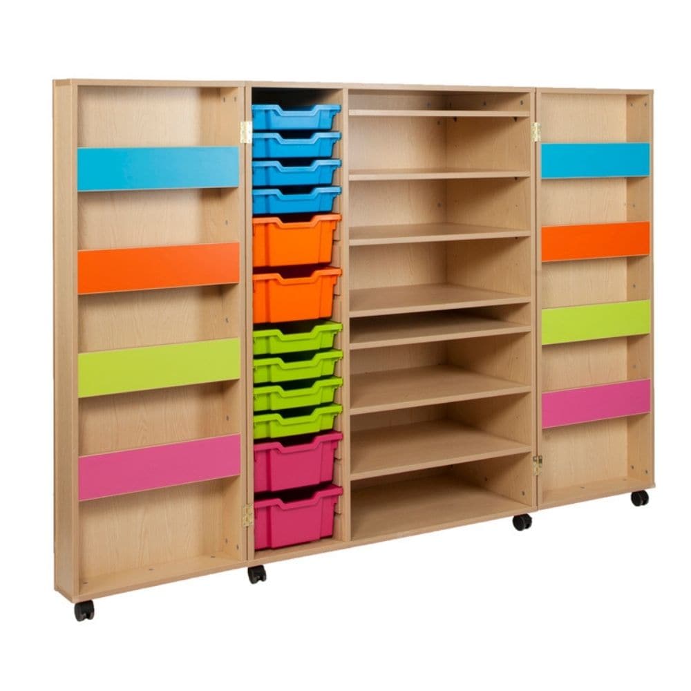 Bubblegum Multi Purpose Art Cupboard, The perfect place to store all your arts and crafts resources is our Bubblegum Art Cupboard The Bubblegum art storage cupboard is a handy school storage cabinet for all art supplies, designed for use in schools, pre-schools and nurseries. The Bubblegum art cupboard has 4 shelves on each door which can be used for storing paints and paint brushes. It includes 4 deep trays and 8 shallow trays for additional art supplies storage. It also has 1 fixed shelf and 6 adjustable 