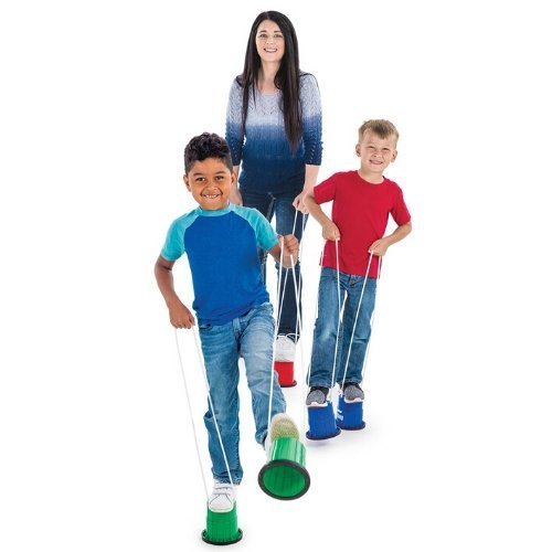 Bucket Balance Stilts, Launch your outdoor stomping fun to whole new heights with the Bucket Balance Stilts High quality braided polypropylene line is used for the handles to ensure durability and a good grip for little hands while strong plastic keeps you always up and never falling. After just a few steps, you'll be thinking, "why would I ever want to walk at my original height again?" With a 5 inch rise you'll get a whole new view of your entire world. Teach kids to bring cups out of the kitchen and into