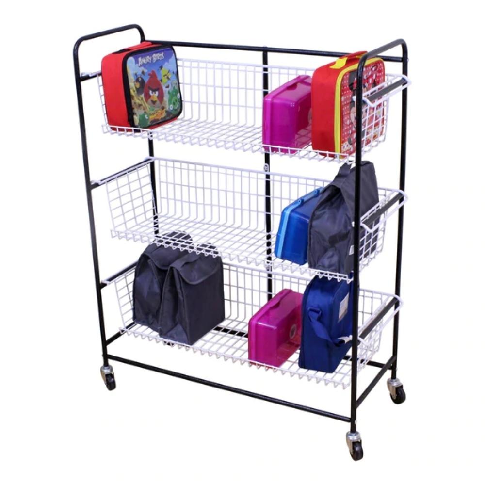 Budget Lunchbox Trolley, The Budget Lunchbox Trolley is designed to keep lunch boxes organized and easily accessible in any school or daycare setting. With its sturdy wire-coated construction and four durable castors, this Budget Lunchbox Trolley is easy to move around and can be pushed or pulled effortlessly. Its simple yet functional design makes it perfect for saving space and improving organization in classrooms, cloakrooms, and other common areas. The single-sided trolley is capable of holding approxim