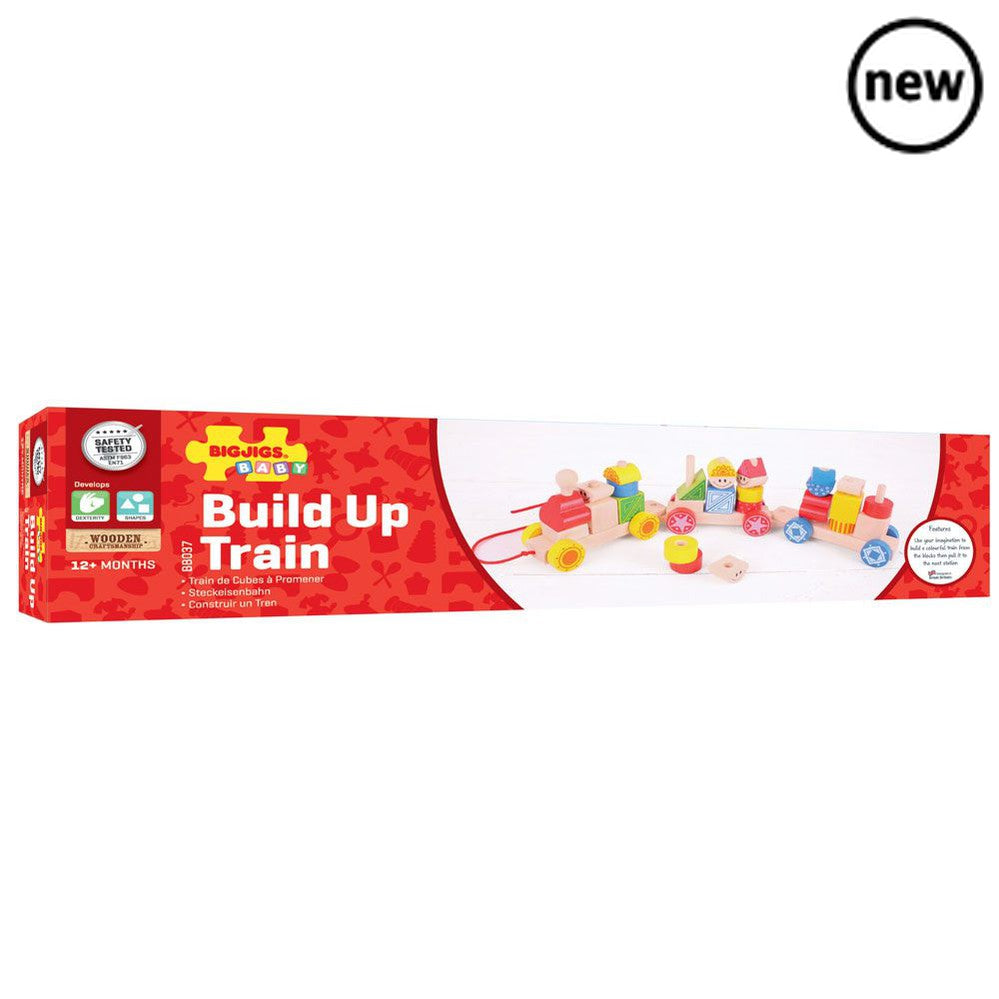 Build Up Train, Enjoy two great toys in one with the Build Up Pull Along Train. Creative little minds will love building up the vibrantly detailed wooden blocks to form the toy train engine and carriage. Once assembled, the show is on the road (in the form of a twisting and turning wooden pull along train)! Every play session represents a unique experience as there are so many different ways the train can be configured. This toy train encourages mobility and helps to develop dexterity and coordination. Made
