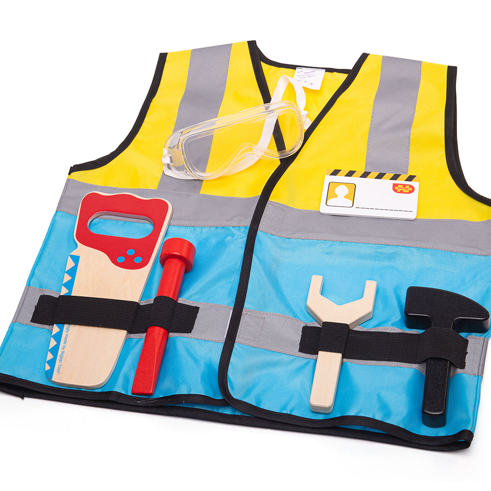Builder Dress Up, It’s a busy day on the building site! Little builders can put on their Builder Kids Fancy Dress Costumes and get to work laying bricks, mixing cement and much more - there’s always something to be done. This children’s dressing up clothes set comes with a fluorescent yellow and blue jacket, wooden saw, screwdriver, wrench, hammer, safety goggles and ID badge. A builder’s hat is available separately. Our kids dress up costumes are suitable for ages 3-5 years. Jacket measures 40.5cm W x 44cm