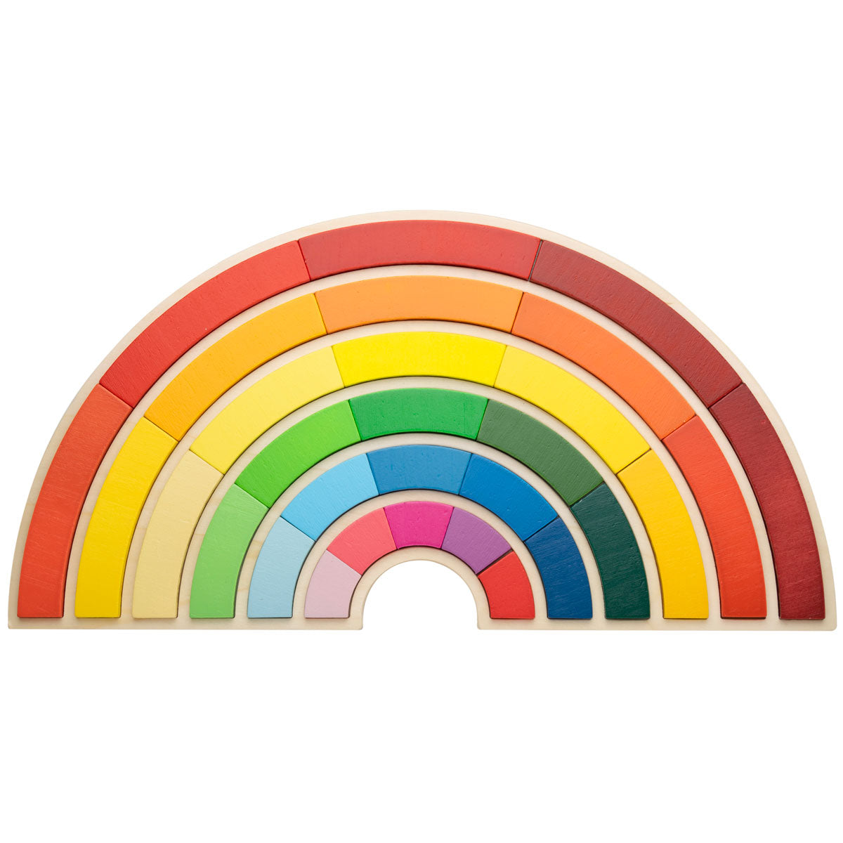 Building Rainbows, Introducing our unique and open-ended rainbow puzzle! This puzzle is unlike any other as it allows your child to choose where the puzzle pieces go. With 30 vibrantly coloured pieces and a puzzle board, your child can design their very own rainbow using various dazzling colours. Not only can they create a rainbow, but they can also mix and match the pieces to form shapes and patterns off the puzzle board. Our rainbow puzzle is not only fun but also educational. It teaches colour recognitio